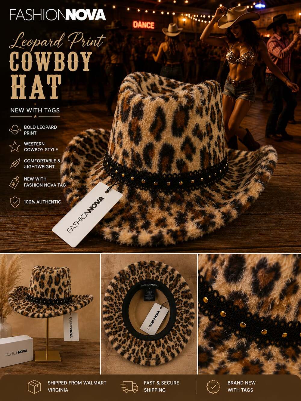 Fashion Nova Outlaw Leopard Print Cowboy Hat